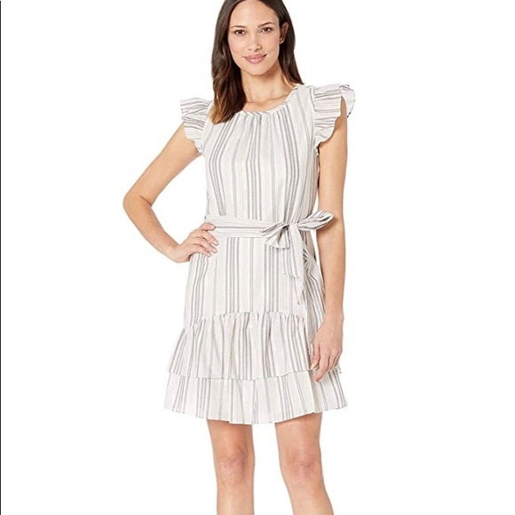 CeCe Flutter Sleeve Metallic Stripe Ruffled Dress - Picture 1 of 8